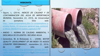 WEBGRAFÍA
• Ogure, L. (2014). INDICES DE CALIDAD Y DE
CONTAMINACION DEL AGUA DE IMPORTANCIA
MUNDIAL. Noviembre 22, 2016, de Universidad
de pamplona Sitio web:
http://www.Unipamplona.Edu.Co/unipamplona/p
ortalig/home_10/recursos/general/pag_contenid
o/libros/06082010/icatest_capitulo3.Pdf
• ANEXO 1: NORMA DE CALIDAD AMBIENTAL Y
DESCARGA DE EFLUENTES: RECURSO AGUA
• Geneviève, M. & Rickwood, C. . (2008). WATER
QUALITY: DEVELOPMENT OF AN INDEX TO ASSESS
COUNTRY PERFORMANCE . noviembre 22, 2016,
de UNEP sitio web:
http://www.Unep.Org/gemswater/portals/24154
/pdfs/new/2008%20wq%20index%20development
%20white%20paper.Pdf
 
