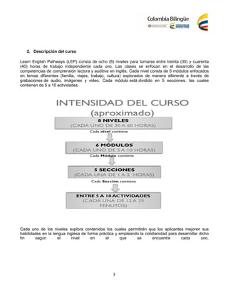 3
2. Descripción del curso
Learn English Pathways (LEP) consta de ocho (8) niveles para tomarse entre treinta (30) y cuarenta
(40) horas de trabajo independiente cada uno. Las clases se enfocan en el desarrollo de las
competencias de comprensión lectora y auditiva en inglés. Cada nivel consta de 6 módulos enfocados
en temas diferentes (familia, viajes, trabajo, cultura) explorados de manera diferente a través de
grabaciones de audio, imágenes y video. Cada módulo está dividido en 5 secciones, las cuales
contienen de 5 a 10 actividades.
Cada uno de los niveles explora contenidos los cuales permitirán que los aplicantes mejoren sus
habilidades en la lengua inglesa de forma práctica y empleando la cotidianidad para desarrollar dicho
fin según el nivel en el que se encuentre cada uno.
 