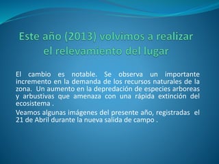 El cambio es notable. Se observa un importante 
incremento en la demanda de los recursos naturales de la 
zona. Un aumento en la depredación de especies arboreas 
y arbustivas que amenaza con una rápida extinción del 
ecosistema . 
Veamos algunas imágenes del presente año, registradas el 
21 de Abril durante la nueva salida de campo . 
 