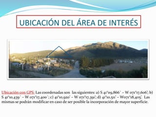 UBICACIÓN DEL ÁREA DE INTERÉS 
Ubicación con GPS: Las coordenadas son las siguientes: a) S 41°09,866´ –W 071°17,606’; b) 
S 41°10,439´ –W 071°17,400´; c) 41°10,920’ –W 071°17,391’; d) 41°10,511’ – W071°18,405’. Las 
mismas se podrán modificar en caso de ser posible la incorporación de mayor superficie. 
 