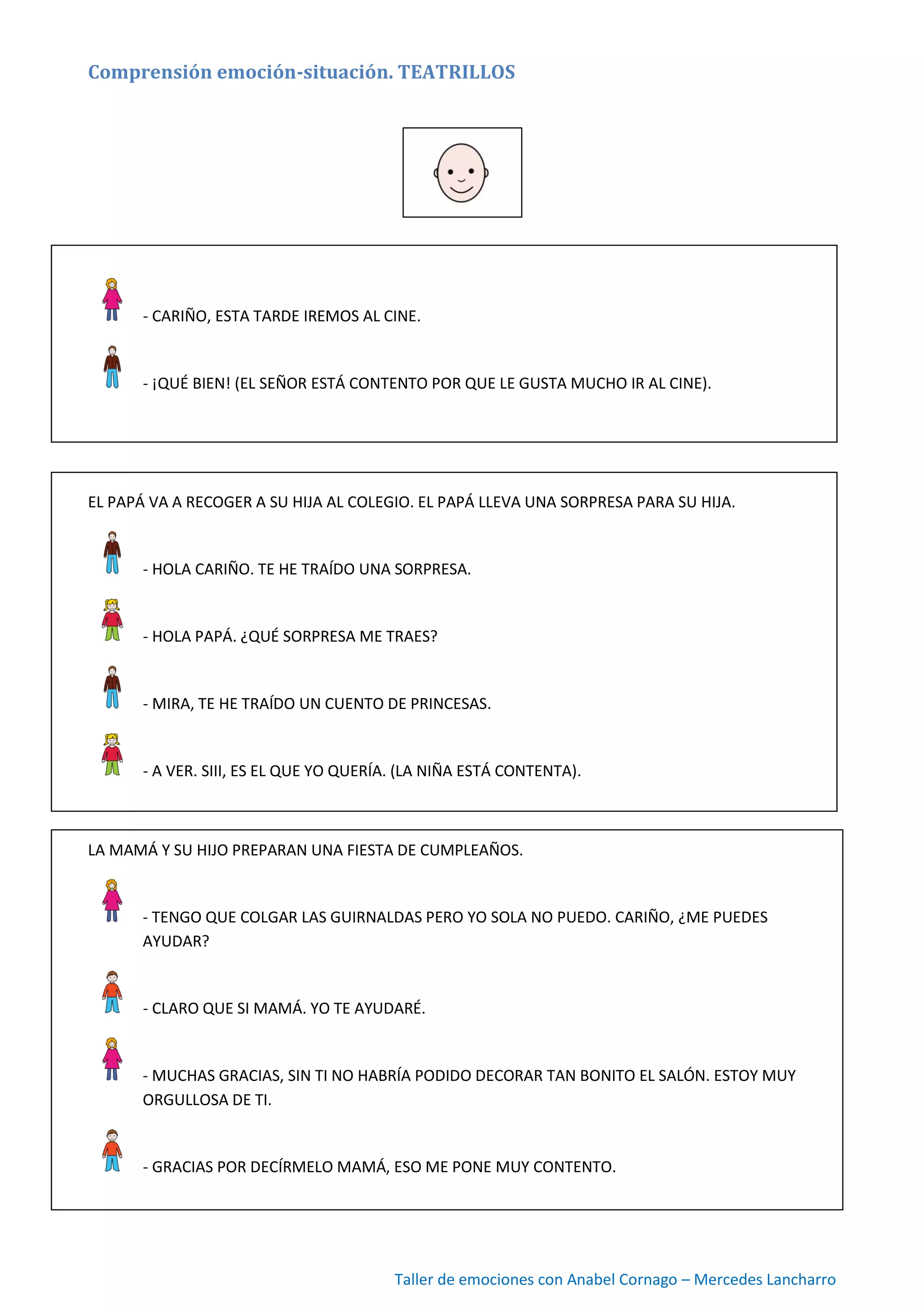 Taller de emociones con Anabel Cornago – Mercedes Lancharro
Comprensión emoción-situación. TEATRILLOS
- CARIÑO, ESTA TARDE IREMOS AL CINE.
- ¡QUÉ BIEN! (EL SEÑOR ESTÁ CONTENTO POR QUE LE GUSTA MUCHO IR AL CINE).
EL PAPÁ VA A RECOGER A SU HIJA AL COLEGIO. EL PAPÁ LLEVA UNA SORPRESA PARA SU HIJA.
- HOLA CARIÑO. TE HE TRAÍDO UNA SORPRESA.
- HOLA PAPÁ. ¿QUÉ SORPRESA ME TRAES?
- MIRA, TE HE TRAÍDO UN CUENTO DE PRINCESAS.
- A VER. SIII, ES EL QUE YO QUERÍA. (LA NIÑA ESTÁ CONTENTA).
LA MAMÁ Y SU HIJO PREPARAN UNA FIESTA DE CUMPLEAÑOS.
- TENGO QUE COLGAR LAS GUIRNALDAS PERO YO SOLA NO PUEDO. CARIÑO, ¿ME PUEDES
AYUDAR?
- CLARO QUE SI MAMÁ. YO TE AYUDARÉ.
- MUCHAS GRACIAS, SIN TI NO HABRÍA PODIDO DECORAR TAN BONITO EL SALÓN. ESTOY MUY
ORGULLOSA DE TI.
- GRACIAS POR DECÍRMELO MAMÁ, ESO ME PONE MUY CONTENTO.