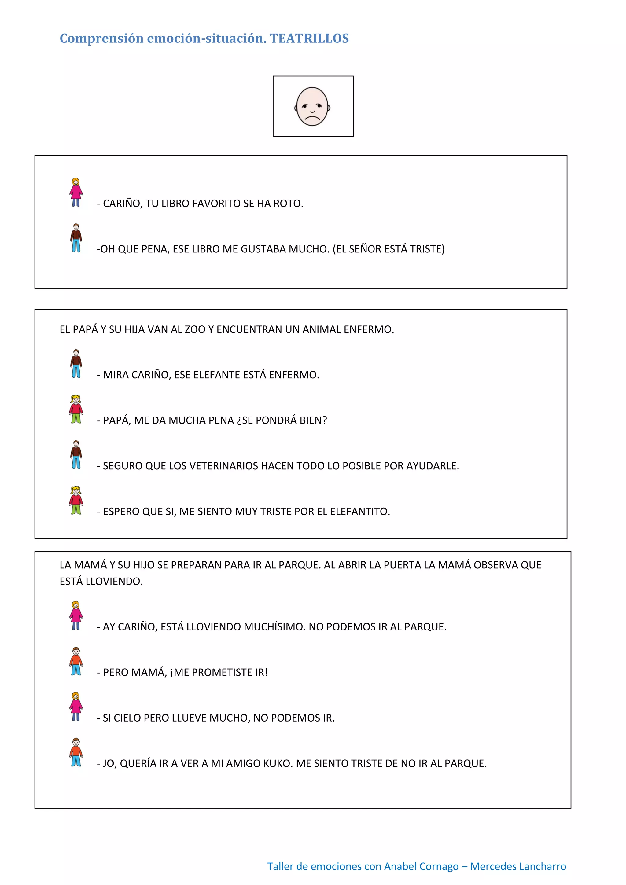 Taller de emociones con Anabel Cornago – Mercedes Lancharro
Comprensión emoción-situación. TEATRILLOS
- CARIÑO, TU LIBRO FAVORITO SE HA ROTO.
-OH QUE PENA, ESE LIBRO ME GUSTABA MUCHO. (EL SEÑOR ESTÁ TRISTE)
EL PAPÁ Y SU HIJA VAN AL ZOO Y ENCUENTRAN UN ANIMAL ENFERMO.
- MIRA CARIÑO, ESE ELEFANTE ESTÁ ENFERMO.
- PAPÁ, ME DA MUCHA PENA ¿SE PONDRÁ BIEN?
- SEGURO QUE LOS VETERINARIOS HACEN TODO LO POSIBLE POR AYUDARLE.
- ESPERO QUE SI, ME SIENTO MUY TRISTE POR EL ELEFANTITO.
LA MAMÁ Y SU HIJO SE PREPARAN PARA IR AL PARQUE. AL ABRIR LA PUERTA LA MAMÁ OBSERVA QUE
ESTÁ LLOVIENDO.
- AY CARIÑO, ESTÁ LLOVIENDO MUCHÍSIMO. NO PODEMOS IR AL PARQUE.
- PERO MAMÁ, ¡ME PROMETISTE IR!
- SI CIELO PERO LLUEVE MUCHO, NO PODEMOS IR.
- JO, QUERÍA IR A VER A MI AMIGO KUKO. ME SIENTO TRISTE DE NO IR AL PARQUE.