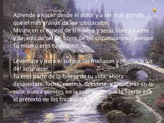 Aprende a nacer desde el dolor y a ser más grande que el más grande de los  obstáculos.Mírate en el espejo de ti mismo y serás libre y fuerte y dejarás de ser un títere de las circunstancias, porque Tú mismo eres tu destino.Levántate y mira el sol por las mañanas y respira la luz del amanecer. Tú eres parte de la fuerza de tu vida; ahora despiértate, lucha, camina, decídete, y triunfarás en la vida; nunca pienses en la suerte, porque la suerte es el pretexto de los fracasados. 