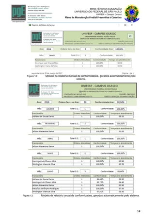 14
MINISTÉRIO DA EDUCAÇÃO
UNIVERSIDADE FEDERAL DE SÃO PAULO
UNIFESP – Campus Osasco
Plano de Manutenção Predial Preventiva e Corretiva
Figura 12: Modelo de relatório mensal de conformidades, gerados automaticamente pelo
sistema.
Figura 13: Modelo de relatório anual de conformidades, gerados automaticamente pelo sistema.
 