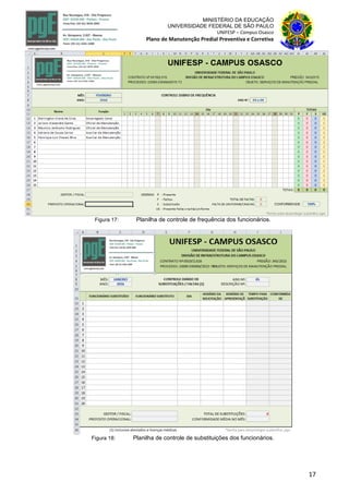 17
MINISTÉRIO DA EDUCAÇÃO
UNIVERSIDADE FEDERAL DE SÃO PAULO
UNIFESP – Campus Osasco
Plano de Manutenção Predial Preventiva e Corretiva
Figura 17: Planilha de controle de frequência dos funcionários.
Figura 18: Planilha de controle de substituições dos funcionários.
 