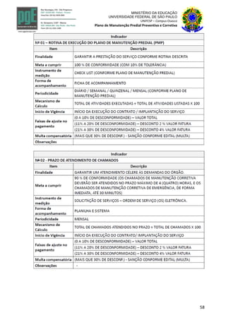 58
MINISTÉRIO DA EDUCAÇÃO
UNIVERSIDADE FEDERAL DE SÃO PAULO
UNIFESP – Campus Osasco
Plano de Manutenção Predial Preventiva e Corretiva
 