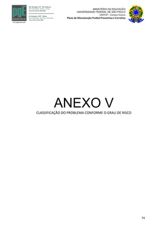 74
MINISTÉRIO DA EDUCAÇÃO
UNIVERSIDADE FEDERAL DE SÃO PAULO
UNIFESP – Campus Osasco
Plano de Manutenção Predial Preventiva e Corretiva
ANEXO VCLASSIFICAÇÃO DO PROBLEMA CONFORME O GRAU DE RISCO
 