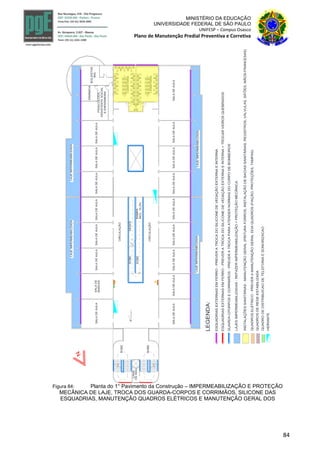 84
MINISTÉRIO DA EDUCAÇÃO
UNIVERSIDADE FEDERAL DE SÃO PAULO
UNIFESP – Campus Osasco
Plano de Manutenção Predial Preventiva e Corretiva
CASA
DEMAQ.
SALADEAULA
SALADEAULA
SOBE
SOBE
INCL.10,3%
RAMPA
SOBE
SOBE
DESCE
CIRCULAÇÃO
CIRCULAÇÃO
I.SANITÁRIA
I.SANITÁRIA+417.0
1°pavimento
LAJEIMPERMEABILIZADALAJEIMPERMEABILIZADA
LAJEIMPERMEABILIZADALAJEIMPERMEABILIZADA
ESQUADRIASEXTERNASEMFERRO-PREVERATROCADOSILICONEDEVEDAÇÃOEXTERNAEINTERNA
INSTALAÇÕESSANITÁRIAS-MANUTENÇÃOGERAL(PINTURAFORROS,INSTALAÇÃODEBACIASSANITÁRIAS,REGISTROS,VÁLVULAS,SIFÕES,MÃOS-FRANCESAS)
LEGENDA:
GUARDA-CPORPOSECORRIMÃOS-PREVERATROCAPARAATENDERNORMASDOCORPODEBOMBEIROS
LAJESIMPERMEABILIZADAS-REFAZERIMPERMEABILIZAÇÃO+PROTEÇÃOMECÂNICA
QUADROSELÉTRICO-PREVERAMANUTENÇÃOGERALDOAQUADROS(FIAÇÃO,PROTEÇÕES,TAMPAS)
QUADROSDEREDEESTABILIZADA
QUADRODEDISTRIBUICAODETELEFONIAESONORIZACAO
HIDRANTE
A B
ESQUADRIASEXTERNASEMFERRO-PREVERATROCADOSILICONEDEVEDAÇÃOEXTERNAEINTERNA+TROCARVIDROSQUEBRADOS
BOLSISTAS
PISISCÓLOGA,
ASSISTENTESOCIAL
EENFERMEIRA
DINÂMICA
SALADE
SALADEAULASALADEAULASALADEAULASALADEAULASALADEAULASALADEAULASALADEAULASALADEAULA
BANCAS
SALADEAULASALADEAULASALADEAULASALADEAULASALADEAULASALADEAULA
BIG
Figura 84: Planta do 1° Pavimento da Construção – IMPERMEABILIZAÇÃO E PROTEÇÃO
MECÂNICA DE LAJE, TROCA DOS GUARDA-CORPOS E CORRIMÃOS, SILICONE DAS
ESQUADRIAS, MANUTENÇÃO QUADROS ELÉTRICOS E MANUTENÇÃO GERAL DOS
 