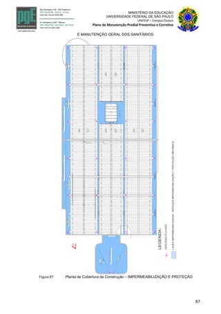 87
MINISTÉRIO DA EDUCAÇÃO
UNIVERSIDADE FEDERAL DE SÃO PAULO
UNIFESP – Campus Osasco
Plano de Manutenção Predial Preventiva e Corretiva
E MANUTENÇÃO GERAL DOS SANITÁRIOS.
INCLINACAO
3%
3%
INCLINACAO
3%
INCLINACAO
INCLINACAO
3%
3%
INCLINACAO
3%
INCLINACAO
RUFOMETALICO
+1527.0
CALHAIMPERMEABILIZADA
i=0,5%i=0,5%
CALHAIMPERMEABILIZADA
CALHAIMPERMEABILIZADA
JUNTADEDILATACAO
i=0,5%i=0,5%
i=0,5%
LAJEIMPERMEABILIZADA
INCLINACAO
3%
INCLINACAO
3%
RUFOMETALICO
CALHAIMPERMEABILIZADA
i=0,5%
CALHAIMPERMEABILIZADA
i=0,5%
CALHAIMPERMEABILIZADA
i=0,5%
CALHAIMPERMEABILIZADA
i=0,5%
+1527.0
LAJEIMPERMEABILIZADANO1-PAVTO.
RUFOMETALICA
i=0.5%
i=0.5%
i=0,5%CALHAIMPERMEABILIZADAi=0,5%i=0.5%
i=0.5%
RUFOMETALICO
LAJEIMPERMEABILIZADANO1-PAVTO.
CALHAIMPERMEABILIZADA
i=0,5%
CALHAIMPERMEABILIZADA
i=0,5%
DESCIDASPLUVIAIS
LAJESIMPERMEABILIZADAS-REFAZERIMPERMEABILIZAÇÃO+PROTEÇÃOMECÂNICA
LEGENDA:
Figura 87: Planta de Cobertura da Construção – IMPERMEABILIZAÇÃO E PROTEÇÃO
 