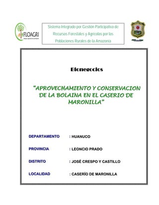 Sistema Integrado por Gestión Participativa de
                Recursos Forestales y Agrícolas por las
                 Poblaciones Rurales de la Amazonía




                           Bionegocios


  “APROVECHAMIENTO Y CONSERVACION
  “APROVECHAMIENTO Y CONSERVACION
    DE LA BOLAINA EN EL CASERIO DE
    DE LA BOLAINA EN EL CASERIO DE
             MARONILLA”
             MARONILLA”




DEPARTAMENTO
DEPARTAMENTO              :: HUANUCO


PROVIINCIIA
PROV NC A                 :: LEONCIO PRADO


DIISTRIITO
D STR TO                  :: JOSÉ CRESPO Y CASTILLO


LOCALIIDAD
LOCAL DAD                  : CASERÍO DE MARONILLA
 