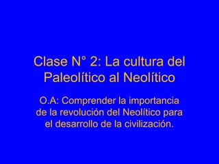 Clase N° 2: La cultura del
Paleolítico al Neolítico
O.A: Comprender la importancia
de la revolución del Neolítico para
el desarrollo de la civilización.
 