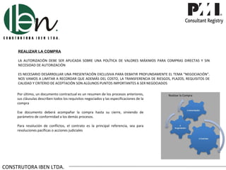 REALIZAR LA COMPRA

     LA AUTORIZACIÓN DEBE SER APLICADA SOBRE UNA POLÍTICA DE VALORES MÁXIMOS PARA COMPRAS DIRECTAS Y SIN
     NECESIDAD DE AUTORIZACIÓN

     ES NECESARIO DESARROLLAR UNA PRESENTACIÓN EXCLUSIVA PARA DEBATIR PROFUNDAMENTE EL TEMA “NEGOCIACIÓN”.
     NOS VAMOS A LIMITAR A RECORDAR QUE ADEMÁS DEL COSTO, LA TRANSFERENCIA DE RIESGOS, PLAZOS, REQUISITOS DE
     CALIDAD Y CRITERIO DE ACEPTACIÓN SON ALGUNOS PUNTOS IMPORTANTES A SER NEGOCIADOS

     Por último, un documento contractual es un resumen de los procesos anteriores,         Realizar la Compra
     sus cláusulas describen todos los requisitos negociados y las especificaciones de la
     compra

     Ese documento deberá acompañar la compra hasta su cierre, sirviendo de
     parámetro de conformidad a los demás procesos.

     Para resolución de conflictos, el contrato es la principal referencia, sea para
     resoluciones pacíficas o acciones judiciales




CONSTRUTORA IBEN LTDA.
 
