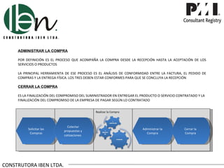 ADMINISTRAR LA COMPRA

     POR DEFINICIÓN ES EL PROCESO QUE ACOMPAÑA LA COMPRA DESDE LA RECEPCIÓN HASTA LA ACEPTACIÓN DE LOS
     SERVICIOS O PRODUCTOS

     LA PRINCIPAL HERRAMIENTA DE ESE PROCESO ES EL ANÁLISIS DE CONFORMIDAD ENTRE LA FACTURA, EL PEDIDO DE
     COMPRAS Y LA ENTREGA FÍSICA. LOS TRES DEBEN ESTAR CONFORMES PARA QUE SE CONCLUYA LA RECEPCIÓN

     CERRAR LA COMPRA

     ES LA FINALIZACIÓN DEL COMPROMISO DEL SUMINISTRADOR EN ENTREGAR EL PRODUCTO O SERVICIO CONTRATADO Y LA
     FINALIZACIÓN DEL COMPROMISO DE LA EMPRESA DE PAGAR SEGÚN LO CONTRATADO


                                               Realizar la Compra



                                Colectar
          Solicitar las                                                  Administrar la        Cerrar la
                              propuestas y
           Compras                                                         Compra              Compra
                              cotizaciones




CONSTRUTORA IBEN LTDA.
 