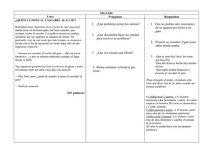 2do Ciclo
                   Texto                                                 Preguntas                                 Respuestas
¿QUIÉN LE PONE AL CASCABEL AL GATO?
                                                             1. ¿Qué problema tenían los ratones?       1. Que no podían salir (asomarse)
Habitaban unos ratoncitos en la cocina de una casa cuya                                                    de su agujero por temor a un
dueña tenía un hermoso gato, tan buen cazador, que                                                         gato.
siempre estaba al acecho. Los pobres ratones no podían       2. ¿Qué decidieron hacer los ratones
asomarse por sus agujeros ni siquiera de noche. No
                                                                para resolver su problema?
pudiendo vivir de ese modo por más tiempo, se reunieron
un día con el fin de encontrar un medio para salir de tan                                               2. Ponerle un cascabel al gato para
espantosa situación.                                                                                       saber dónde estaba.

—Atemos un cascabel al cuello del gato —dijo un joven        3. ¿Qué nos enseña esta fábula?
ratoncito—, y por su tintineo sabremos siempre el lugar                                                 3. -Que es más fácil decir las cosas
donde se halla.                                                                                             que hacerlas.
                                                                                                            -Que del dicho al hecho hay mucho
Tan ingeniosa proposición hizo revolcarse de gusto a todos   4. Ahora cuéntame la historia que              trecho.
los ratones, pero un ratón viejo dijo con malicia:           leíste.                                        -Que nadie estaba dispuesto a
                                                                                                            ponerle el cascabel al gato.
—Muy bien, pero ¿quién de ustedes le pone el cascabel al
gato?                                                                                               (Para otorgarle el punto, el alumno sólo
                                                                                                    tiene que decir una de las ideas usando sus
—Nadie le contestó.                                                                                 propias palabras).

                                            (125 palabras)
                                                                                                    4.Crédito total 2 puntos: si el alumno
                                                                                                    menciona a los personajes y narra: A) cómo
                                                                                                    empieza la historia, B) cómo se desarrolla y
                                                                                                    C) cómo termina
                                                                                                    Crédito parcial 1 punto: si el alumno omite
                                                                                                    uno o dos de los elementos anteriores.
                                                                                                    Crédito nulo 0 puntos: si el alumno omite
                                                                                                    más de dos elementos o cambia el sentido
                                                                                                    de la historia.
                                                                                                    (El niño lo puede decir con sus propias
                                                                                                    palabras).
 