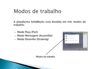 A plataforma SolidWorks está dividida em três modos de
trabalho:
 Modo Peça (Part)
 Modo Montagem (Assembly)
 Modo Desenho (Drawing)
Modos de trabalho
 