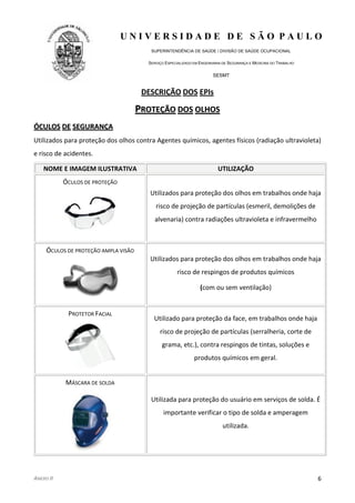 U N I V E R S I D A D E D E S Ã O P A U L O
SUPERINTENDÊNCIA DE SAÚDE / DIVISÃO DE SAÚDE OCUPACIONAL
SERVIÇO ESPECIALIZADO EM ENGENHARIA DE SEGURANÇA E MEDICINA DO TRABALHO
SESMT
ANEXO II 6
DESCRIÇÃO DOS EPIs
PPRROOTTEEÇÇÃÃOO DDOOSS OOLLHHOOSS
ÓÓCCUULLOOSS DDEE SSEEGGUURRAANNÇÇAA
Utilizados para proteção dos olhos contra Agentes químicos, agentes físicos (radiação ultravioleta)
e risco de acidentes.
NOME E IMAGEM ILUSTRATIVA UTILIZAÇÃO
ÓCULOS DE PROTEÇÃO
Utilizados para proteção dos olhos em trabalhos onde haja
risco de projeção de partículas (esmeril, demolições de
alvenaria) contra radiações ultravioleta e infravermelho
ÓCULOS DE PROTEÇÃO AMPLA VISÃO
Utilizados para proteção dos olhos em trabalhos onde haja
risco de respingos de produtos químicos
(com ou sem ventilação)
PROTETOR FACIAL
Utilizado para proteção da face, em trabalhos onde haja
risco de projeção de partículas (serralheria, corte de
grama, etc.), contra respingos de tintas, soluções e
produtos químicos em geral.
MÁSCARA DE SOLDA
Utilizada para proteção do usuário em serviços de solda. É
importante verificar o tipo de solda e amperagem
utilizada.
 