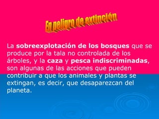 En peligro de extinción La  sobreexplotación de los bosques  que se produce por la tala no controlada de los árboles, y la  caza  y  pesca indiscriminadas , son algunas de las acciones que pueden contribuir a que los animales y plantas se extingan, es decir, que desaparezcan del planeta. 