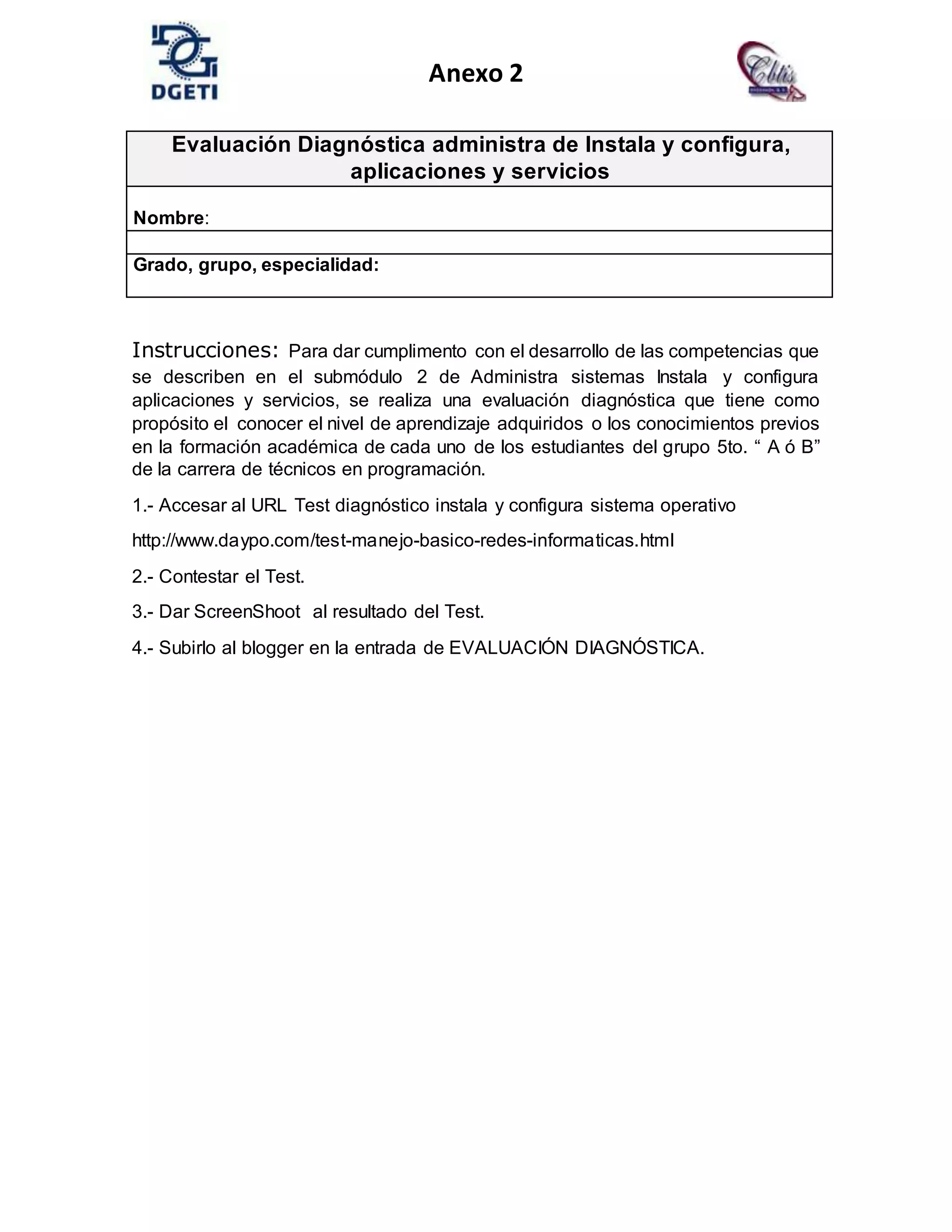 Anexo 2 test de evaluación diagnóstico de instala y configura ...