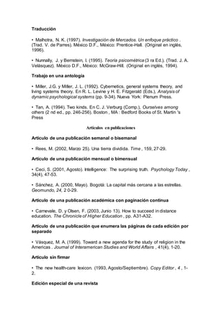Traducción
• Malhotra, N. K. (1997). Investigación de Mercados. Un enfoque práctico .
(Trad. V. de Parres). México D.F., México: Prentice-Hall. (Original en inglés,
1996).
• Nunnally, J. y Bernstein, I. (1995). Teoría psicométrica (3 ra Ed.). (Trad. J. A.
Velásquez). México D.F., México: McGraw-Hill. (Original en inglés, 1994).
Trabajo en una antología
• Miller, J.G. y Miller, J. L. (1992). Cybernetics, general systems theory, and
living systems theory. En R. L. Levine y H. E. Fitzgerald (Eds.), Analysis of
dynamic psychological systems (pp. 9-34). Nueva York: Plenum Press.
• Tan, A. (1994). Two kinds. En C. J. Verburg (Comp.), Ourselves among
others (2 nd ed., pp. 246-256). Boston , MA : Bedford Books of St. Martin 's
Press
Artículos en publicaciones
Artículo de una publicación semanal o bisemanal
• Rees, M. (2002, Marzo 25). Una tierra dividida. Time , 159, 27-29.
Artículo de una publicación mensual o bimensual
• Ceci, S. (2001, Agosto). Intelligence: The surprising truth. Psychology Today ,
34(4), 47-53.
• Sánchez, A. (2000, Mayo). Bogotá: La capital más cercana a las estrellas.
Geomundo, 24, 2 0-29.
Artículo de una publicación académica con paginación continua
• Carnevale, D. y Olsen, F. (2003, Junio 13). How to succeed in distance
education. The Chronicle of Higher Education , pp. A31-A32.
Artículo de una publicación que enumera las páginas de cada edición por
separado
• Vásquez, M. A. (1999). Toward a new agenda for the study of religion in the
Americas . Journal of Interamerican Studies and World Affairs , 41(4), 1-20.
Artículo sin firmar
• The new health-care lexicon. (1993, Agosto/Septiembre). Copy Editor , 4 , 1-
2.
Edición especial de una revista
 