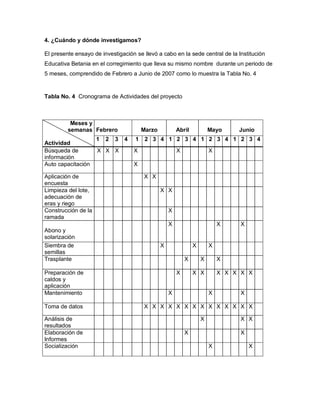 4. ¿Cuándo y dónde investigamos?
El presente ensayo de investigación se llevó a cabo en la sede central de la Institución
Educativa Betania en el corregimiento que lleva su mismo nombre durante un periodo de
5 meses, comprendido de Febrero a Junio de 2007 como lo muestra la Tabla No. 4
Tabla No. 4 Cronograma de Actividades del proyecto
Meses y
semanas
Actividad
Febrero Marzo Abril Mayo Junio
1 2 3 4 1 2 3 4 1 2 3 4 1 2 3 4 1 2 3 4
Búsqueda de
información
X X X X X X
Auto capacitación X
Aplicación de
encuesta
X X
Limpieza del lote,
adecuación de
eras y riego
X X
Construcción de la
ramada
X
Abono y
solarización
X X X
Siembra de
semillas
X X X
Trasplante X X X
Preparación de
caldos y
aplicación
X X X X X X X X
Mantenimiento X X X
Toma de datos X X X X X X X X X X X X X X
Análisis de
resultados
X X X
Elaboración de
Informes
X X
Socialización X X
 