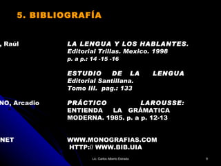 5. BIBLIOGRAFÍA ÁVILA, Raúl LA LENGUA Y LOS HABLANTES . Editorial Trillas. Mexico. 1998 p. a p.: 14 -15 -16   ESTUDIO  DE  LA  LENGUA Editorial Santillana. Tomo III.  pag.: 133 MORENO, Arcadio PRÁCTICO  LAROUSSE :  ENTIENDA  LA  GRÁMATICA MODERNA. 1985. p. a p. 12-13 INTERNET WWW.MONOGRAFIAS.COM   HTTP:// WWW.BIB.UIA  Lic. Carlos Alberto Estrada 