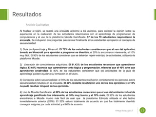 Proposal powerpoint
Template
Resultados
17
Análisis Cualitativo
Al finalizar el logro, se realizó una encuesta anónimo a los alumnos, para conocer la opinión sobre su
experiencia en la realización de las actividades relacionadas con el aprendizaje de programación de
computadores y el uso de la plataforma Moodle Gamificada. 57 de los 70 estudiantes respondieron la
encuesta. Se incluyeron dos preguntas para revisar finalmente si los estudiantes apropiaron el concepto de
secuencialidad:
1) Guía de Aprendizaje y Minecraft: El 70% de los estudiantes consideraron que el uso del aplicativo
basado en Minecraft para aprender a programar es divertido, el 20% lo encontraron interesante, el 10%
muy fácil. El 90% de los estudiantes consideran que se deberían repetir este tipo de actividades, utilizando la
plataforma Moodle.
2) Valoración de conocimientos adquiridos: El 91.42% de los estudiantes reconocen que aprendieron
lógica. El 60% reconoce que aprendieron tanto lógica y programación, mientras que el 45% cree que
aprendieron creatividad. El 80% de los estudiantes consideran que las actividades de la guía de
aprendizaje pueden ayudar a su formación en el futuro.
3) Conceptos sobre secuencialidad: el 70% de los estudiantes resolvieron correctamente los ejercicios sobre
secuencialidad incluidos en la encuesta. El 20% restante resolvieron uno de los dos ejercicios y el 10%
no pudo resolver ninguno de los ejercicios.
4) Uso de Moodle Gamificado: el 60% de los estudiantes conseraron que el uso del ambiente virtual de
aprendizaje gamificado fue interesante, el 30% muy bueno y el 10% malo. El 90% de los estudiantes
encontraron a Moodle mucho más fácil de usar que la plataforma Edmodo utilizada el año lectivo
inmediatamente anterior (2016). El 20% estuvo totalmente de acuerdo en que fue totalmente divertido
conseguir insignias por cada actividad y el 80% de acuerdo.
Virtual Educa 2017
 