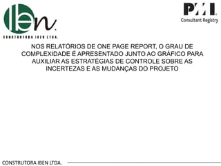 CONSTRUTORA IBEN LTDA.
NOS RELATÓRIOS DE ONE PAGE REPORT, O GRAU DE
COMPLEXIDADE É APRESENTADO JUNTO AO GRÁFICO PARA
AUXILIAR AS ESTRATÉGIAS DE CONTROLE SOBRE AS
INCERTEZAS E AS MUDANÇAS DO PROJETO
 