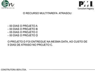 O RECURSO MULTITAREFA ATRASOU:

-

00 DIAS O PROJETO A
00 DIAS O PROJETO B
05 DIAS O PROJETO C
00 DIAS O PROJETO D

O PROJETO D FOI ENTREGUE NA MESMA DATA, AO CUSTO DE
5 DIAS DE ATRASO NO PROJETO C.

CONSTRUTORA IBEN LTDA.

 