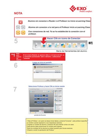 NOTA

                      Alumno sin conexion o Router o el Profesor no inicio e-Learning Class


                       Alumno sin conexion a la red pero el Profesor inicio e-Learning Class

                       Con conexiones de red. Ya se ha establecido la conexión con el
                       profesor.



 5
     Nota
*1   para
     entorno
               Si la la barra flotante no aparece debe ir a la barra de tare as
               y conectarlo accionando botó n derecho y seleccionar
     del       “conectar ”
     Alumno




 6


7



                    1 Elija el Profesor con quien se desea iniciar la
                                                                    clase y presione “Conectar”, cada profesor especificó
                    un Elija el Profesor ingresaron sesus respectivasclase y presione “Conectar”, cada profesor especificó
                     1 nombre cuando con quien a desea iniciar la sesiones.
                    2un nombre cuando ingresaron aysus respectivas sesiones. unirse a la clase.
                      Ingrese un nombre de alumno presione OK para intentar
                    Cada alumno debe proporcionar supresione parapara intentar unirse a la clase.
                     2 Ingrese un nombre de alumno y nombre OK ingresar.
                    Todos los nombres de los alumnos se deben guardar para futuras sesiones.
                     Cada alumno debe proporcionar su nombre para ingresar.
                    3Todos los nombres de los alumnos Profesor guardar para futuras sesiones.
                      Espere a recibir la aprobación del se deben
                                                                .
                     3 Espere a recibir la aprobación del Profesor.
 