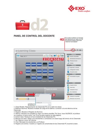 PANEL DE CONTROL DEL DOCENTE




1. Clase Modelo: Representación de Classmate PC en tu salón de clases.
2. Baterías Alumnos: Muestra el estado de carga de la batería o conexión a la red eléctrica de las
Classmate
3. Registro: Muestra el Registro de Alumnos
4. Silencio: Muestra una pantalla en negro con letras amarillas “Por favor, hace SILENCIO, el profesor
va a explicar un tema nuevo” (ver *3 en la parte superior en esta página).
5. Activar clase: Restaura la funci onalidad de las Classmate PC.
6. Bloqueo de clase: obliga a los estudiantes a conectarse a la clase luego del reinicio de la Classmate
7. Ver: Alterna o icono Ver informe.
8. Chat: Mensajes los estudiantes y el Profesor.
9. Registro de eventos: muestra un registro de conectividad de las Classmate PC durante la clase.
 