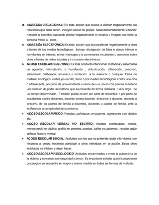 d. AGRESION RELACIONAL: Es toda acción que busca a afectar negativamente las
relaciones que otros tienen, incluyen excluir de grupos. Asilar deliberadamente y difundir
rumores o secretos buscando afectar negativamente el estatus o imagen que tiene la
persona frente a otros.
e. AGRESIÓNELECTRÓNICA: Es toda acción que busca afectar negativamente a otros
a través de los medios tecnológicos. Incluye: divulgación de fotos o videos íntimos o
humillantes en internet, enviar mensajes y /o comentarios insultantes u ofensivos sobre
otros a través de redes sociales y / o correos electrónicos.
4. ACOSO ESCOLAR (BULLYING):Es toda conducta intencional, metódica y sistemática
de agresión, intimidación, o humillación , ridiculización, difamación, coacción,
aislamiento deliberado, amenaza o incitación a la violencia o cualquier forma de
maltrato sicológico, verbal y/o escrito, físico o por medios tecnológicos contra una niña
o adolescente, por parte de una estudiante o varios de sus pares con quienes mantiene
una relación de poder asimétrica, que se presenta de forma reiterada o a lo largo de
un tiempo determinado. También puede ocurrir por parte de docentes, o por parte de
estudiantes contra docentes, docente contra docente, directivos a docente, docente a
directivo, de los padres de familia a docentes, docentes a padres de familia, ante la
indiferencia o complicidad de su entorno.
 ACOSO ESCOLAR FÍSICO: Patadas, puñetazos, empujones, agresiones con objetos
etc.
 ACOSO ESCOLAR VERBAL Y/O ESCRITO: Insultos continuados, mofas,
menosprecioen público, grafitis en paredes, puertas, baños o cuadernos, resaltar algún
defecto físico o mental.
 ACOSO ESCOLAR SOCIAL: Actitudes con las que se pretende aislar a la víctima con
respecto al grupo, haciendo participar a otros individuos en la acción. Estos otros
individuos se inhiben y dejan hacer.
 ACOSO ESCOLAR PSICOLOGICO: Actitudes encaminadas a minar la autoestima de
la víctima y aumentar suinseguridad y temor. Es importante señalar que el componente
psicológico se encuentra en mayor o menor medida en todas las formas de maltrato.
 