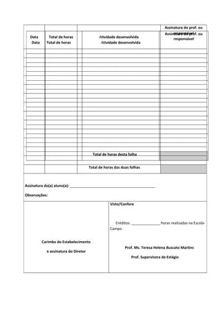Assinatura do prof. ou
                                                                                      responsável
                                                                                 Assinatura do prof. ou
  Data       Total de horas                 Atividade desenvolvida                    responsável
   Data     Total de horas                   Atividade desenvolvida




                                        Total de horas desta folha


                                      Total de horas das duas folhas



Assinatura do(a) aluno(a): __________________________________________

Observações:

                                                  Visto/Confere



                                                    Créditos: ______________ horas realizadas na Escola-
                                                  Campo


          Carimbo do Estabelecimento
                                                           Prof. Ms. Teresa Helena Buscato Martins
            e assinatura do Diretor
                                                              Prof. Supervisora de Estágio
 