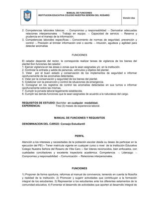 MANUAL DE FUNCIONES
INSTITUCION EDUCATIVA COLEGIO NUESTRA SEÑORA DEL ROSARIO
Versión dos
2. Competencias laborales básicas:  Compromiso y responsabilidad  Demostrar adecuadas
relaciones interpersonales  Trabajo en equipo.  Capacidad de servicio  Reserva y
prudencia en el manejo de la información.
3. Competencias laborales específicas: Conocimiento de normas de seguridad, prevención y
control  Precisión al brindar información oral o escrita  Intuición, agudeza y agilidad para
detectar anomalías
FUNCIONES
El celador depende del rector, le corresponde realizar tareas de vigilancia de los bienes del
plantel.Son funciones del celador:
1. Ejercer vigilancia en las áreas o zonas que le sean asignadas y/o en la institución.
2. Controlar la entrada y salida de personas, vehículos y objetos del plantel.
3. Velar por el buen estado y conservación de los implementos de seguridad e informar
oportunamente de las anomalías detectadas.
4. Velar por la conservación y seguridad de los bienes del plantel.
5. Colaborar con la prevención y control de situaciones de emergencia.
6. Consignar en los registros de control las anomalías detectadas en sus turnos e informar
oportunamente sobre las mismas.
7. Cumplir la jornada laboral legalmente establecida.
8. Cumplir las demás funciones que le sean asignadas de acuerdo a la naturaleza del cargo.
REQUISITOS DE ESTUDIO: Bachiller en cualquier modalidad.
EXPERIENCIA: Tres (3) meses de experiencia laboral.
MANUAL DE FUNCIONES Y REQUISITOS
DENOMINACION DEL CARGO: Consejo Estudiantil
PERFIL
Atención a los intereses y necesidades de la población escolar desde su deseo de participar en la
ejecución del PEI.-- Tener matrícula vigente en cualquier curso o nivel de la Institución Educativa
Colegio Nuestra Señora del Rosario de Villa Caro -- Ser líderes reconocidos, bien enfocados, con
cualidades conciliadores y excelente trayectoria académica. Competencia:  Liderazgo 
Compromiso y responsabilidad  Comunicación  Relaciones interpersonales.
FUNCIONES
1) Proponer de forma oportuna, reformas al manual de convivencia, teniendo en cuenta la filosofía
y realidad de la institución. 2) Promover y sugerir actividades que contribuyan a la formación
integral de los estudiantes. 3) Representar a los estudiantes ante los diferentes estamentos de la
comunidad educativa. 4) Fomentar el desarrollo de actividades que aporten al desarrollo integral de
 