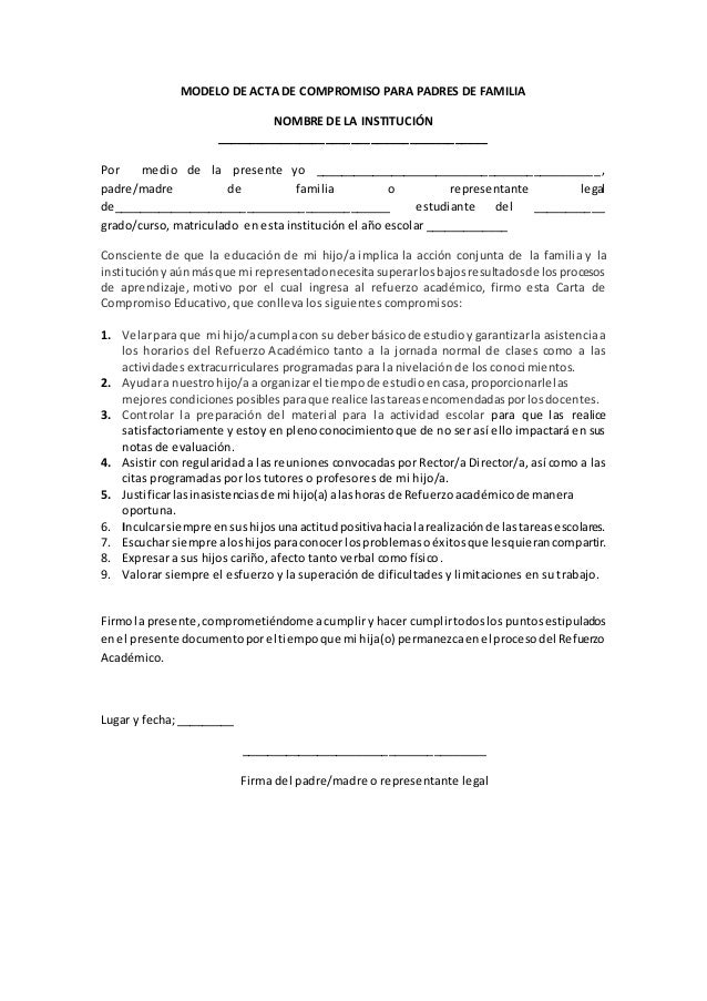 Sugerente-Modelo de actas de compromiso para padres de 