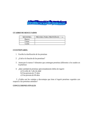 CUADRO DE RESULTADOS
MUESTRA PRUEBA PARA PROTEÍNAS : + o -
Huevo
Carne
Leche
CUESTIONARIO.
1. Escribe la clasificación de las proteínas
2. ¿Cuál es la función de las proteínas?
3. Anota por lo menos 5 alimentos que contengan proteínas (diferentes a los usados en
la práctica)
4. ¿Qué cantidad de proteínas aproximadamente deben de ingerir:
a) Un niño de 1 año de edad
b) Una persona de 15 años
c) Una persona de 60 años
5. ¿Cuáles son las ventajas o desventajas que tiene el ingerir proteínas vegetales con
respecto a las proteínas animales?
CONCLUSIONES FINALES
 