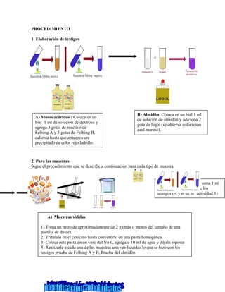 PROCEDIMIENTO
1. Elaboración de testigos
2. Para las muestras
Sigue el procedimiento que se describe a continuación para cada tipo de muestra
A) Monosacáridos : Coloca en un
bial 1 ml de solución de dextrosa y
agrega 3 gotas de reactivo de
Felhing A y 3 gotas de Felhing B,
calienta hasta que aparezca un
precipitado de color rojo ladrillo.
B) Almidón. Coloca en un bial 1 ml
de solución de almidón y adiciona 2
gota de lugol (se observa coloración
azul marino).
A) Muestras sólidas
1) Toma un trozo de aproximadamente de 2 g (más o menos del tamaño de una
pastilla de dulce).
2) Tritúralo en el cenicero hasta convertirlo en una pasta homogénea.
3) Coloca esta pasta en un vaso del No 0, agrégale 10 ml de agua y déjala reposar
4) Realizarle a cada una de las muestras una vez liquidas lo que se hizo con los
testigos prueba de Felhing A y B, Prueba del almidón
De la solución obtenida, toma 1 ml
y realízale las pruebas de los
testigos (A y B de la actividad 1)
 