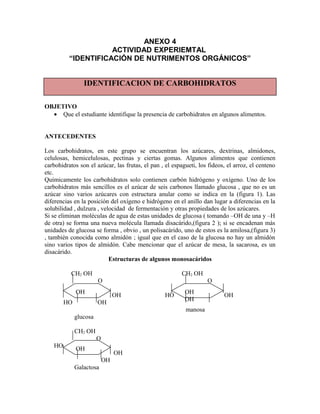 ANEXO 4
ACTIVIDAD EXPERIEMTAL
“IDENTIFICACIÓN DE NUTRIMENTOS ORGÁNICOS”
IDENTIFICACION DE CARBOHIDRATOS
OBJETIVO
• Que el estudiante identifique la presencia de carbohidratos en algunos alimentos.
ANTECEDENTES
Los carbohidratos, en este grupo se encuentran los azúcares, dextrinas, almidones,
celulosas, hemicelulosas, pectinas y ciertas gomas. Algunos alimentos que contienen
carbohidratos son el azúcar, las frutas, el pan , el espagueti, los fideos, el arroz, el centeno
etc.
Químicamente los carbohidratos solo contienen carbón hidrógeno y oxígeno. Uno de los
carbohidratos más sencillos es el azúcar de seis carbonos llamado glucosa , que no es un
azúcar sino varios azúcares con estructura anular como se indica en la (figura 1). Las
diferencias en la posición del oxígeno e hidrógeno en el anillo dan lugar a diferencias en la
solubilidad , dulzura , velocidad de fermentación y otras propiedades de los azúcares.
Si se eliminan moléculas de agua de estas unidades de glucosa ( tomando –OH de una y –H
de otra) se forma una nueva molécula llamada disacárido,(figura 2 ); si se encadenan más
unidades de glucosa se forma , obvio , un polisacárido, uno de estos es la amilosa,(figura 3)
, también conocida como almidón ; igual que en el caso de la glucosa no hay un almidón
sino varios tipos de almidón. Cabe mencionar que el azúcar de mesa, la sacarosa, es un
disacárido.
Estructuras de algunos monosacáridos
CH2 OH CH2 OH
O O
OH
OH HO OH
HO OH
manosa
glucosa
CH2 OH
O
HO
OH
OH
Galactosa
OH OH
OH
OH
 