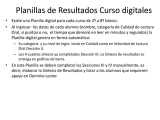 Planillas de Resultados Curso digitales
• Existe una Planilla digital para cada curso de 2º a 8º básico.
• Al ingresar los datos de cada alumno (nombre, categoría de Calidad de Lectura
Oral, si puntúa o no, el tiempo que demoró en leer en minutos y segundos) la
Planilla digital genera en forma automática:
– Su categoría y su nivel de logro tanto en Calidad como en Velocidad de Lectura
Oral (Sección I).
– Los 4 cuadros síntesis ya completados (Sección II). La Síntesis de resultados se
entrega en gráficos de barra.
• En esta Planilla se deben completar las Secciones III y IV manualmente, es
decir, elaborar la Síntesis de Resultados y listar a los alumnos que requieren
apoyo en Dominio Lector.
 