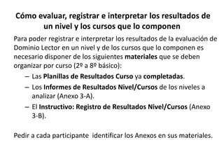 Cómo evaluar, registrar e interpretar los resultados de
un nivel y los cursos que lo componen
Para poder registrar e interpretar los resultados de la evaluación de
Dominio Lector en un nivel y de los cursos que lo componen es
necesario disponer de los siguientes materiales que se deben
organizar por curso (2º a 8º básico):
– Las Planillas de Resultados Curso ya completadas.
– Los Informes de Resultados Nivel/Cursos de los niveles a
analizar (Anexo 3-A).
– El Instructivo: Registro de Resultados Nivel/Cursos (Anexo
3-B).
Pedir a cada participante identificar los Anexos en sus materiales.
 