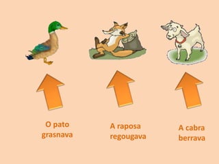 O pato
grasnava
A raposa
regougava
A cabra
berrava
 