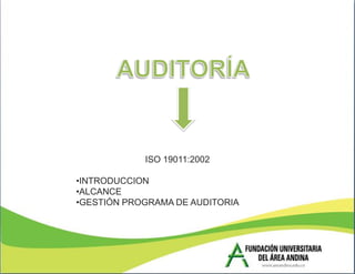 ISO 19011:2002

•INTRODUCCION
•ALCANCE
•GESTIÓN PROGRAMA DE AUDITORIA
 