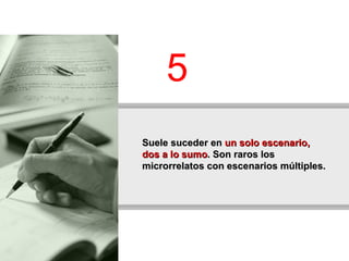 Suele suceder en  un solo escenario, dos a lo sumo . Son raros los microrrelatos con escenarios múltiples.   5 