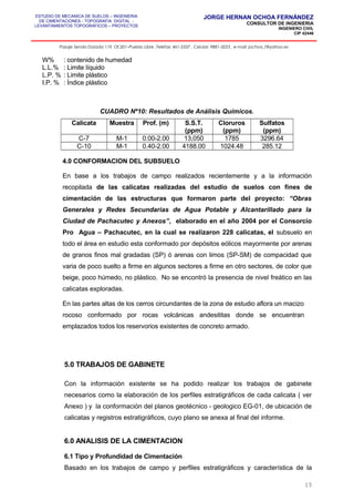 ESTUDIO DE MECANICA DE SUELOS – INGENIERIA
DE CIMENTACIONES - TOPOGRAFIA DIGITAL -
LEVANTAMIENTOS TOPOGRAFICOS – PROYECTOS
JORGE HERNAN OCHOA FERNÁNDEZ
CONSULTOR DE INGENIERIA
INGENIERO CIVIL
CIP 42446
Pasaje Senda Dorada 119, Of.201–Pueblo Libre ,Telefax: 461-2337 , Celular: 9881-3223 , e-mail: jochoa_f@yahoo.es
W% : contenido de humedad
L.L.% : Limite líquido
L.P. % : Limite plástico
I.P. % : Índice plástico
CUADRO Nº10: Resultados de Análisis Químicos.
Calicata Muestra Prof. (m) S.S.T.
(ppm)
Cloruros
(ppm)
Sulfatos
(ppm)
C-7 M-1 0.00-2.00 13,050 1785 3296.64
C-10 M-1 0.40-2.00 4188.00 1024.48 285.12
4.0 CONFORMACION DEL SUBSUELO
En base a los trabajos de campo realizados recientemente y a la información
recopilada de las calicatas realizadas del estudio de suelos con fines de
cimentación de las estructuras que formaron parte del proyecto: “Obras
Generales y Redes Secundarias de Agua Potable y Alcantarillado para la
Ciudad de Pachacutec y Anexos”, elaborado en el año 2004 por el Consorcio
Pro Agua – Pachacutec, en la cual se realizaron 228 calicatas, el subsuelo en
todo el área en estudio esta conformado por depósitos eólicos mayormente por arenas
de granos finos mal gradadas (SP) ó arenas con limos (SP-SM) de compacidad que
varia de poco suelto a firme en algunos sectores a firme en otro sectores, de color que
beige, poco húmedo, no plástico. No se encontró la presencia de nivel freático en las
calicatas exploradas.
En las partes altas de los cerros circundantes de la zona de estudio aflora un macizo
rocoso conformado por rocas volcánicas andesititas donde se encuentran
emplazados todos los reservorios existentes de concreto armado.
5.0 TRABAJOS DE GABINETE
Con la información existente se ha podido realizar los trabajos de gabinete
necesarios como la elaboración de los perfiles estratigráficos de cada calicata ( ver
Anexo ) y la conformación del planos geotécnico - geologico EG-01, de ubicación de
calicatas y registros estratigráficos, cuyo plano se anexa al final del informe.
6.0 ANALISIS DE LA CIMENTACION
6.1 Tipo y Profundidad de Cimentación
Basado en los trabajos de campo y perfiles estratigráficos y característica de la
15
 