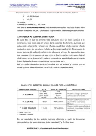 ESTUDIO DE MECANICA DE SUELOS – INGENIERIA
DE CIMENTACIONES - TOPOGRAFIA DIGITAL -
LEVANTAMIENTOS TOPOGRAFICOS – PROYECTOS
JORGE HERNAN OCHOA FERNÁNDEZ
CONSULTOR DE INGENIERIA
INGENIERO CIVIL
CIP 42446
Pasaje Senda Dorada 119, Of.201–Pueblo Libre ,Telefax: 461-2337 , Celular: 9881-3223 , e-mail: jochoa_f@yahoo.es
If = 2.54 (flexible)
u = 0.25
Se obtiene:
Cimentación flexible : Stotal = 0.43 cm
Por tanto el asentamiento máximo para la cimentación corrida calculada en esta zona
está en el orden de 0.40cm. Entonces no se presentaran problemas por asentamiento.
7.0 AGRESION AL SUELO DE CIMENTACION
El suelo bajo el cual se cimienta toda estructura tiene un efecto agresivo a la
cimentación. Este efecto está en función de la presencia de elementos químicos que
actúan sobre el concreto y el acero de refuerzo, causándole efectos nocivos y hasta
destructivos sobre las estructuras (sulfatos y cloruros principalmente). Sin embargo, la
acción química del suelo sobre el concreto sólo ocurre a través del agua subterránea
que reacciona con el concreto; de ese modo el deterioro del concreto ocurre bajo el
nivel freático, zona de ascensión capilar ó presencia de agua infiltrado por otra razón
(rotura de tuberías, lluvias extraordinarias, inundaciones, etc.).
Los principales elementos químicos a evaluar son los sulfatos y cloruros por su
acción química sobre el concreto y acero del cimiento respectivamente.
CUADRO N°12: ELEMENTOS QUIMICOS NOCIVOS PARA LA CIMENTACION
Presencia en el Suelo de : p.p.m Grado de Alteración OBSERVACIONES
* SULFATOS
0 – 1000 Leve
1000 - 2000 Moderado Ocasiona un ataque químico al
2000 - 20,000 Severo concreto de la cimentación
>20,000 Muy severo
** CLORUROS > 6,000 PERJUDICIAL
Ocasiona problemas de corrosión
de armaduras o elementos
Metálicos
** SALES SOLUBLES > 15,000 PERJUDICIAL
Ocasiona problemas de pérdida de
resistencia mecánica por problema
de lixiviación
* Comité 318-83 ACI
** Experiencia Existente
De los resultados de los análisis químicos obtenidos a partir de 2muestras
representativas del suelo obtenidas de las calicatas C7 y, C-10 se tiene:
CUADRO Nº13: Resultados de Análisis Químicos.
22
 