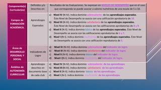 Componente(s)
Curricular(es)
Definidos y/o
Descritos en:
Resultados de las Evaluaciones. Se expresan en NIVELES DE DESEMPEÑO que en el caso
que corresponda se puede asociar a valores numéricos de una escala de 5 a 10.
Campos de
FORMACIÓN
ACADÉMICA.
Aprendizajes
Esperados
a) Nivel IV (N-IV). Indica dominio sobresaliente de los aprendizajes esperados.
Éste Nivel de Desempeño se asocia con una calificación aprobatoria de 10.
b) Nivel III (N-III). Indica dominio satisfactorio de los aprendizajes esperados.
Éste Nivel de Desempeño se asocia con las calificaciones aprobatorias de 8 y 9.
c) Nivel II (N-II). Indica dominio básico de los aprendizajes esperados. Éste Nivel de
Desempeño se asocia con las calificaciones aprobatorias de 6 y 7.
d) Nivel I (N-I). Indica dominio nsuficiente de los aprendizajes esperados. Éste Nivel
de Desempeño se asocia con una calificación reprobatoria de 5.
Áreas de
DESARROLLO
PERSONAL Y
SOCIAL
Indicadores de
Logro
a) Nivel IV (N-IV). Indica dominio sobresaliente del indicador de logro.
b) Nivel III (N-III). Indica dominio satisfactorio del indicador de logro.
c) Nivel II (N-II). Indica dominio básico del indicador de logro.
d) Nivel I (N-I). Indica dominio insuficiente del indicador de logro.
Ámbitos de
AUTONOMÍA
CURRICULAR
Aprendizajes
descritos en
documento base
de cada club
a) Nivel IV (N-IV). Indica dominio sobresaliente de los aprendizajes.
b) Nivel III (N-III). Indica dominio satisfactorio de los aprendizajes.
c) Nivel II (N-II). Indica dominio básico de los aprendizajes.
d) Nivel I (N-I). Indica dominio insuficiente de los aprendizajes.
 