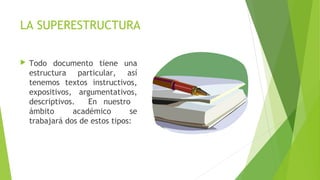 LA SUPERESTRUCTURA


Todo documento tiene una
estructura particular, así
tenemos textos instructivos,
expositivos, argumentativos,
descriptivos.
En nuestro
ámbito
académico
se
trabajará dos de estos tipos:

 