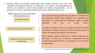 

Aunque todos los párrafos desarrollan una unidad temática (en este caso
“estudios realizados referentes al Alzheimer); se observa una desorganización
interna, los subtemas fueron desarrollados de manera desordenada. En el
proceso de revisión, estos párrafos presentarían la siguiente estructura:
TEMA: Datos de un estudio de la de la
enfermedad Alzheimer
Introducción al tema

Descubrimiento del estudio realizado

Perspectivas para el tratamiento de
la enfermedad

Una extraña mutación genética que da paso a la formación de
una substancia cerebral (beta amiloide) es la responsable del
desarrollo de la enfermedad del Alzheimer, según un estudio
publicado
hoy
por
la
revista
Nature.
El estudio, realizado con base en la autopsia en cerca de mil 800
individuos en Islandia, indica que la beta amiloide ocasiona la
muerte de neuronas que resultan en la demencia.
Dicho hallazgo genera optimismo en elaborar medicinas que
prevengan o eviten que la sustancia –denominada proteína
precursora beta amiloide (APA)– se reproduzca y no dé cabida a
la enfermedad.

Adaptado de: http://www.informador.com.mx/tecnologia/2012/389577/6/hallazgo-de-mutacion-genetica-podria-evitar-elalzheimer.htm

 
