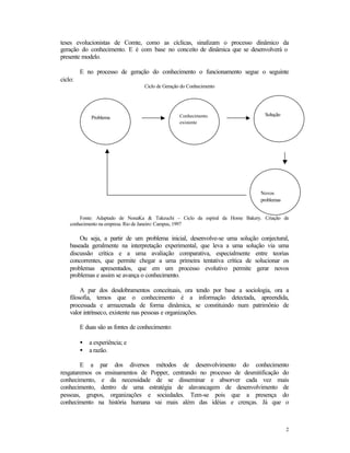 teses evolucionistas de Comte, como as cíclicas, sinalizam o processo dinâmico da
geração do conhecimento. E é com base no conceito de dinâmica que se desenvolverá o
presente modelo.
E no processo de geração do conhecimento o funcionamento segue o seguinte
ciclo:
Ciclo de Geração do Conhecimento

Problema

Conhecimento
existente

Solução

Novos
problemas

Fonte: Adaptado de NonaKa & Takeuchi – Ciclo da espiral da Home Bakery. Criação de
conhecimento na empresa. Rio de Janeiro: Campus, 1997

Ou seja, a partir de um problema inicial, desenvolve-se uma solução conjectural,
baseada geralmente na interpretação experimental, que leva a uma solução via uma
discussão crítica e a uma avaliação comparativa, especialmente entre teorias
concorrentes, que permite chegar a uma primeira tentativa crítica de solucionar os
problemas apresentados, que em um processo evolutivo permite gerar novos
problemas e assim se avança o conhecimento.
A par dos desdobramentos conceituais, ora tendo por base a sociologia, ora a
filosofia, temos que o conhecimento é a informação detectada, apreendida,
processada e armazenada de forma dinâmica, se constituindo num patrimônio de
valor intrínseco, existente nas pessoas e organizações.
E duas são as fontes de conhecimento:
•
•

a experiência; e
a razão.

E a par dos diversos métodos de desenvolvimento do conhecimento
resgataremos os ensinamentos de Popper, centrando no processo de desmitificação do
conhecimento, e da necessidade de se disseminar e absorver cada vez mais
conhecimento, dentro de uma estratégia de alavancagem de desenvolvimento de
pessoas, grupos, organizações e sociedades. Tem-se pois que a presença do
conhecimento na história humana vai mais além das idéias e crenças. Já que o

2

 