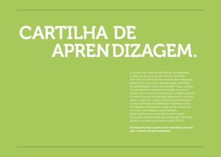 32
O mundo tem mais de sete bilhões de habitantes
e cada um de nós é um ser humano diferente.
Este fato é comprovado não apenas pela impressão
digital única, mas pelas características individuais
de aprendizagem. Quer um exemplo? Duas crianças
que receberem a mesma informação, na mesma
escola, com os mesmos professores, podem entender
o mesmo assunto de maneiras diferentes. A vivência
diária, os valores, o apoio emocional dos familiares
e, principalmente, as habilidades cognitivas inatas
do indivíduo transformam cada um de nós em um
ser único com relação à aprendizagem.
Nesta cartilha vamos abordar as informações
acerca das características específicas do Transtorno
de Déficit de Atenção/Hiperatividade (TDAH).
Acompanhe com a gente uma verdadeira jornada
pelo universo da aprendizagem!
de
dizagem.
Cartilha
Apren
 
