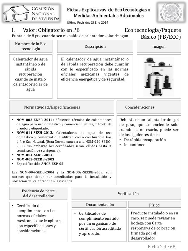 FICHAS ECO TECNOLOGÍAS ROP 2014 CONAVI